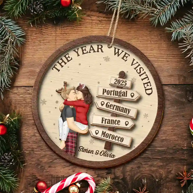 Gift For Couples,Gift For Husband,Gift For Wife,Gift For Boyfriend,Gift For Girlfriend,Travel,Christmas,Happy - The Year We Visited Travel Couple - Personalized 2-Layered Wooden Ornament