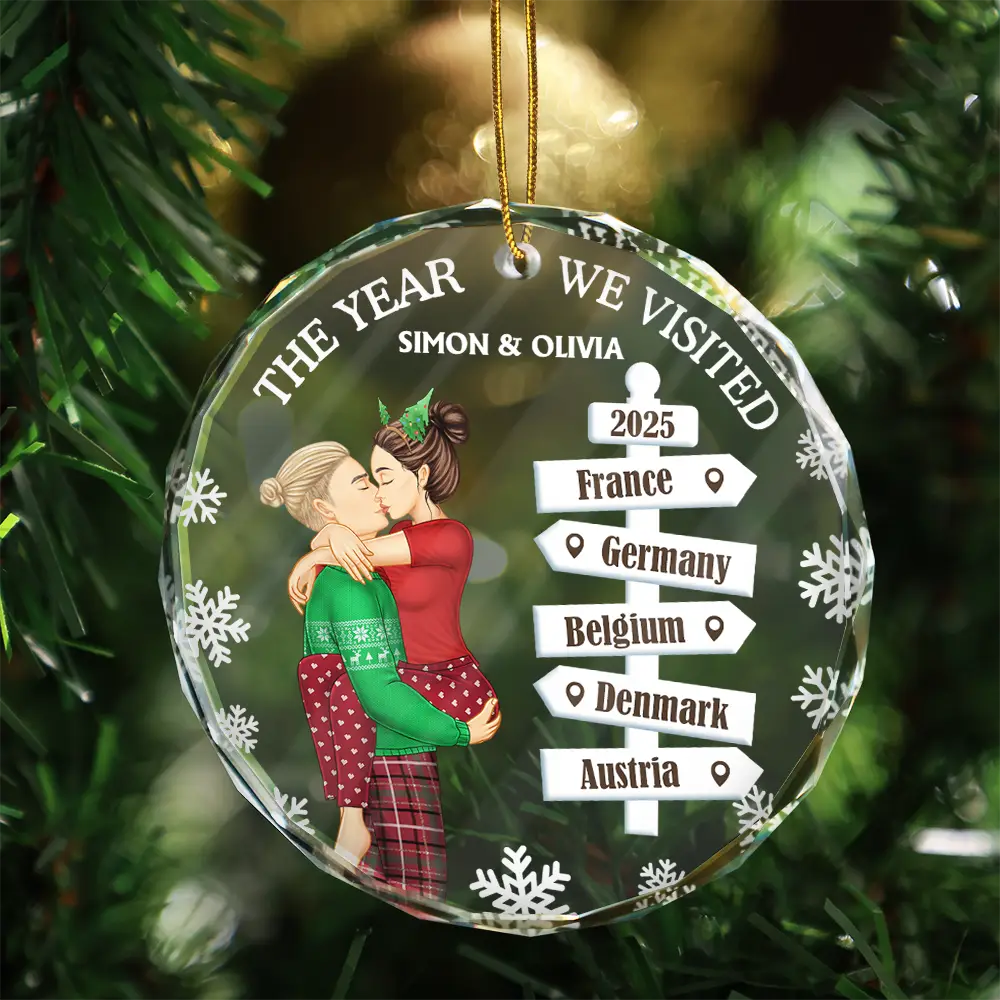 Gift For Couples, Gift For Husband, Gift For Wife, Gift For Boyfriend, Gift For Girlfriend, Christmas, Travel, Happy - The Year We Visited Travel Ornament Side View - Personalized Circle Glass Ornament