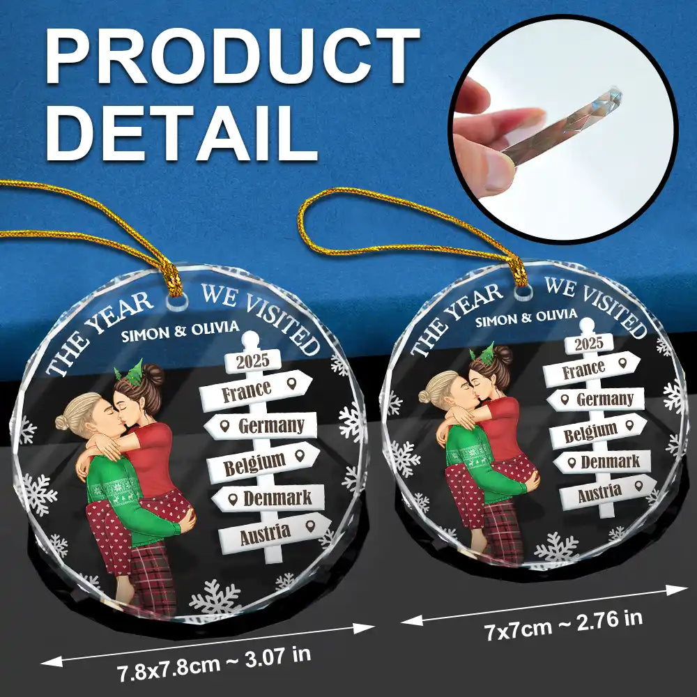 Gift For Couples, Gift For Husband, Gift For Wife, Gift For Boyfriend, Gift For Girlfriend, Christmas, Travel, Happy - The Year We Visited Travel Ornament Side View - Personalized Circle Glass Ornament
