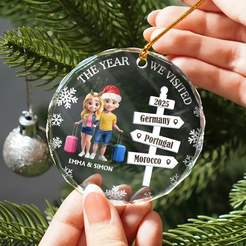 Travel,Christmas,Gift For Couples,Happy - The Year We Visted Travel Ornament - Personalized Circle Glass Ornament