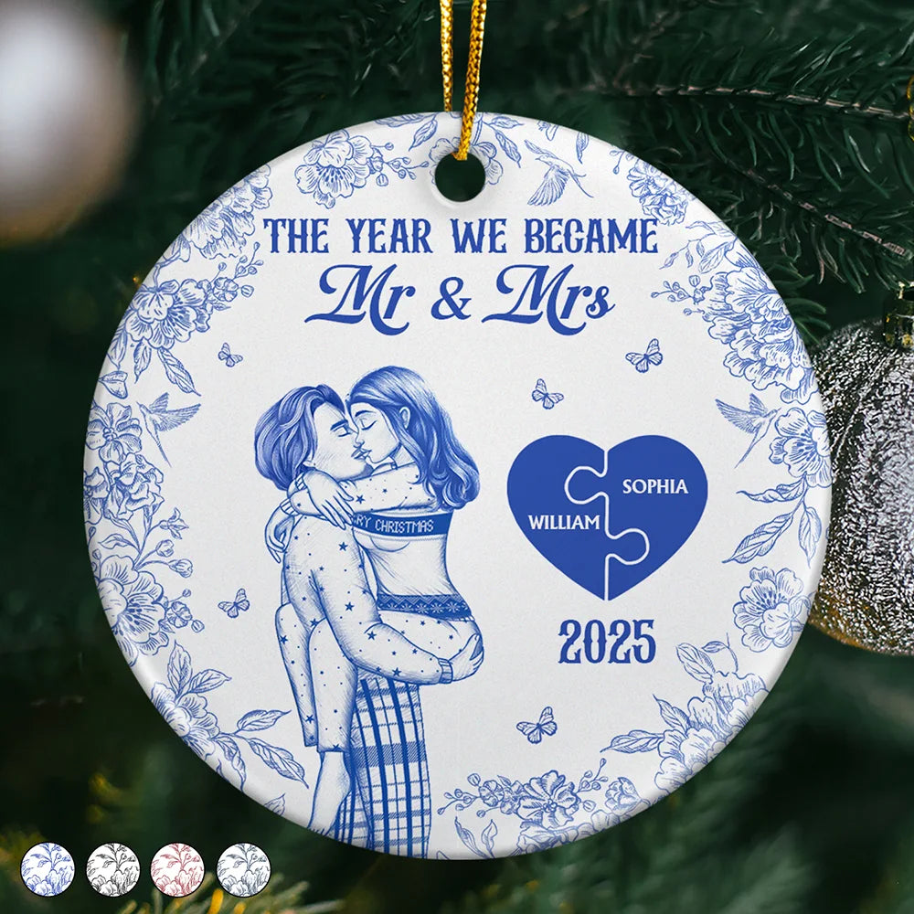 The Year We Became Mr & Mrs Kissing Couples Toile - Personalized Circle Ceramic Ornament