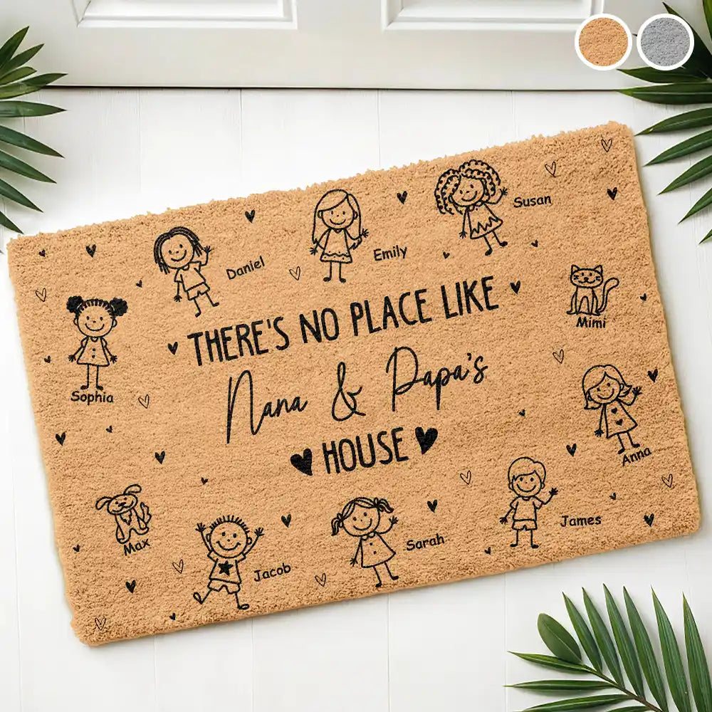 Gift For Grandpa,Gift For Grandma,Gift For Grandparents,Happy - There's No Place Like Grandma & Grandpa's House Stick Figures - Personalized Coconut Doormat