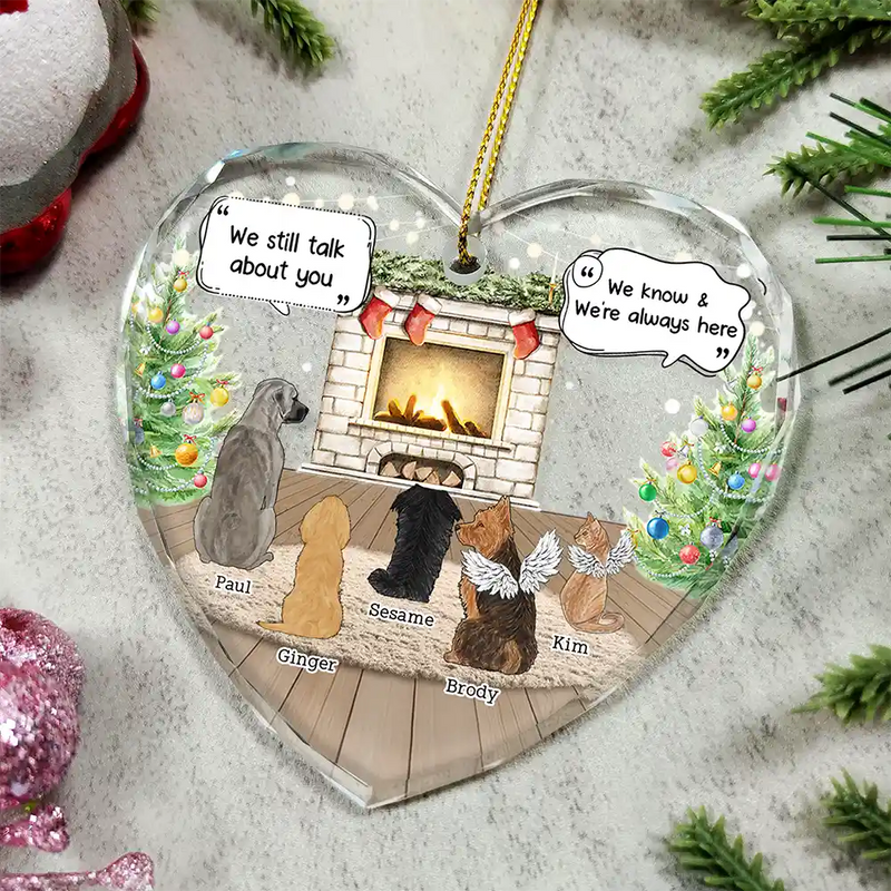 Sad,Memorial,Pet Lovers,Christmas - They Still Talk About You Cozy House - Personalized Heart Shaped Glass Ornament