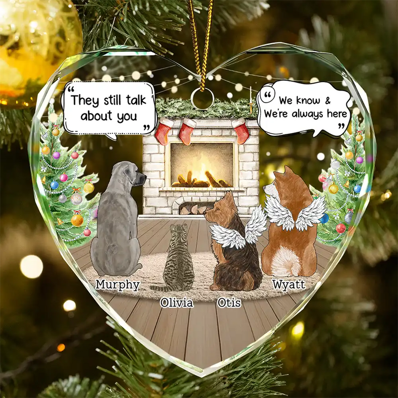 Sad,Memorial,Pet Lovers,Christmas - They Still Talk About You Cozy House - Personalized Heart Shaped Glass Ornament