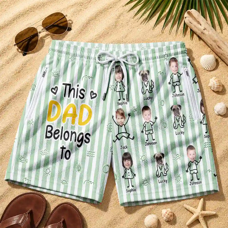 Adorable,Gift For Father,Beach,Custom Photo,Summer,Cut-Face Photo,Icon - Custom Photo This Dad Grandpa Belongs To Kids And Pets - Personalized Swim Trunks With Liner