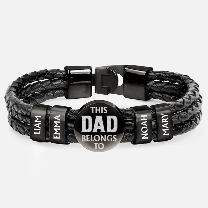 Gift For Father, Parents, Gift For Mother, Happy, Gift For Husband, Gift For Wife, Gift For Grandpa, Gift For Grandma - This Dad Belongs To - Personalized Leather Braided Bracelet