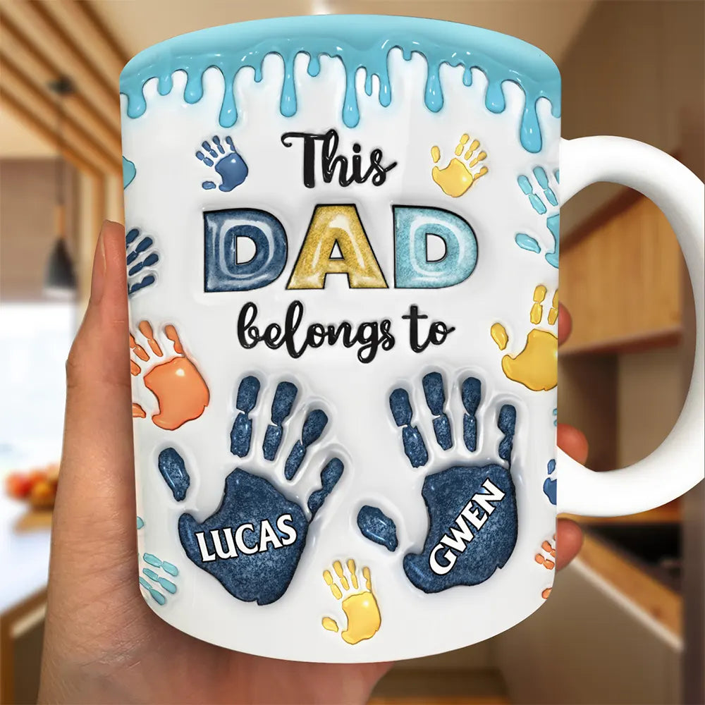 Gift For Father,Gift For Grandpa,Dad - Children,Happy - This Dad Grandpa Belongs To Handprints Icon - 3D Inflated Effect Printed, Personalized White Edge-to-Edge Mug