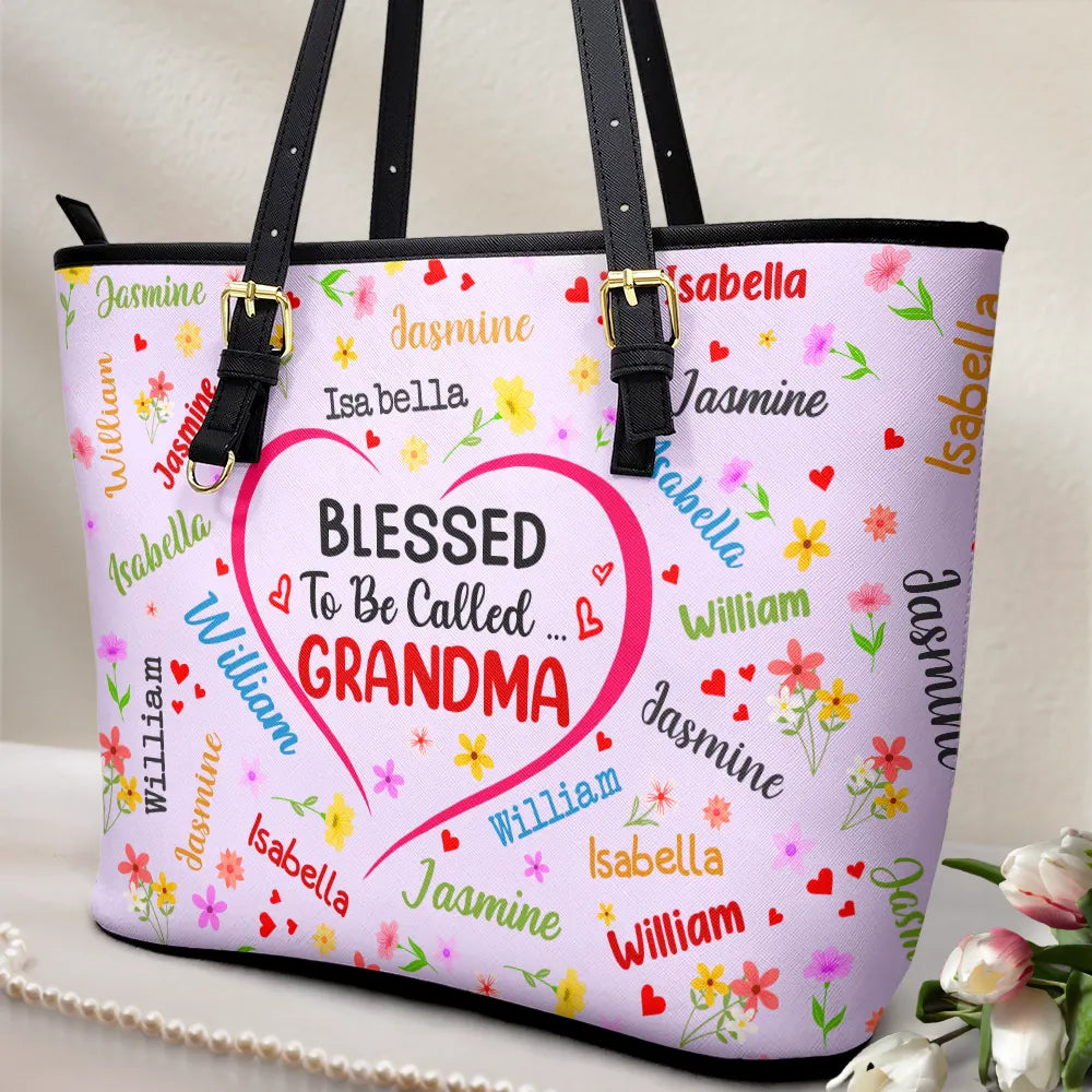 Gift For Mother,Gift For Grandma,Grandma,Grandkids - This Grandma Belongs To Blessed To Be Called Grandma - Personalized Leather Tote Bag