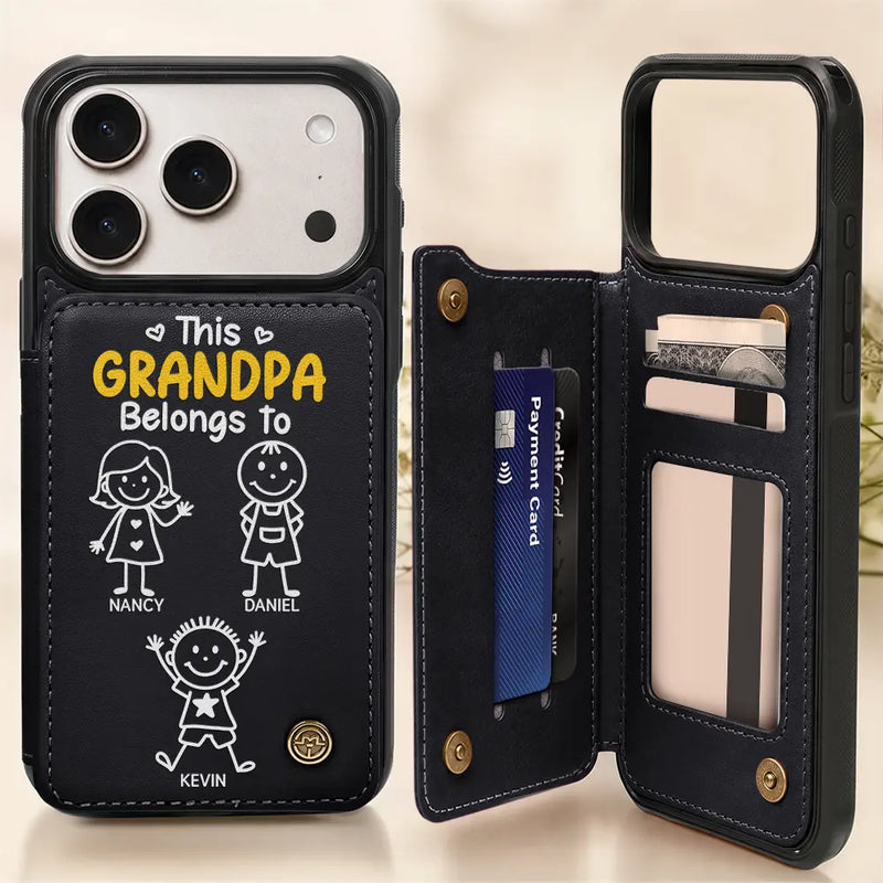 Gift For Grandpa, Gift For Grandma, Gift For Grandparents, Gift For Mother, Gift For Father, Happy, Stick Figure - This Grandma Grandpa Belongs To Kids Pet - Personalized Leather Flip Wallet Phone Case