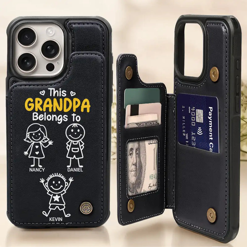 Gift For Grandpa, Gift For Grandma, Gift For Grandparents, Gift For Mother, Gift For Father, Happy, Stick Figure - This Grandma Grandpa Belongs To Kids Pet - Personalized Leather Flip Wallet Phone Case