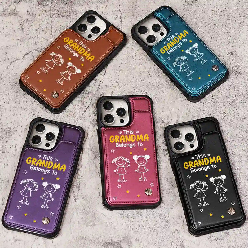 Gift For Grandpa, Gift For Grandma, Gift For Grandparents, Gift For Mother, Gift For Father, Happy, Stick Figure - This Grandma Grandpa Belongs To Kids Pet - Personalized Leather Flip Wallet Phone Case