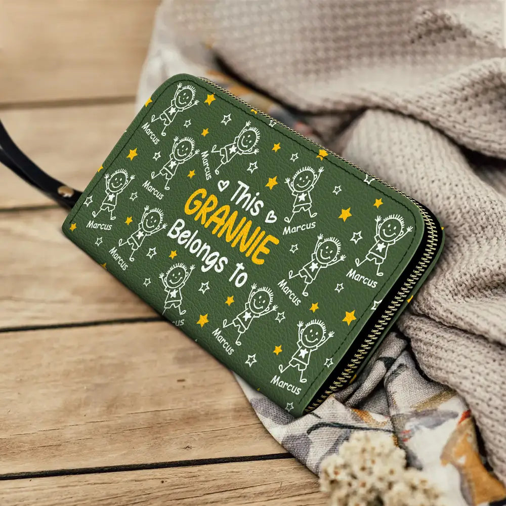 Gift For Grandma,Gift For Mother,Happy,Gift For Women,Stick Figure - This Grandma Mom Belongs To Kids Pet - Personalized Leather Long Wallet