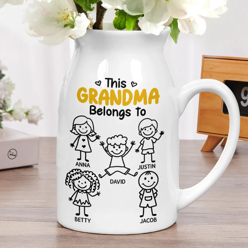 Gift For Grandma,Gift For Mother,Happy,Stick Figure - This Grandma Mommy Belongs To Kids Pet - Personalized Ceramic Flower Vase