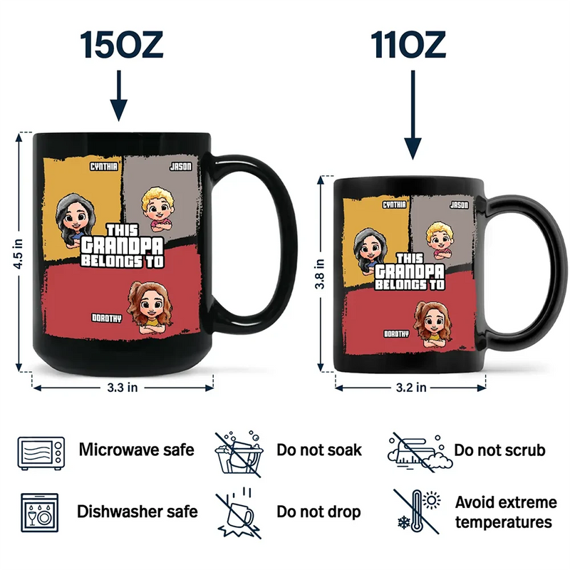 Gift For Grandpa, Gift For Grandparents, Funny - This Grandpa Belongs To Grandkids Pixel Fun Art - Personalized Black Mug