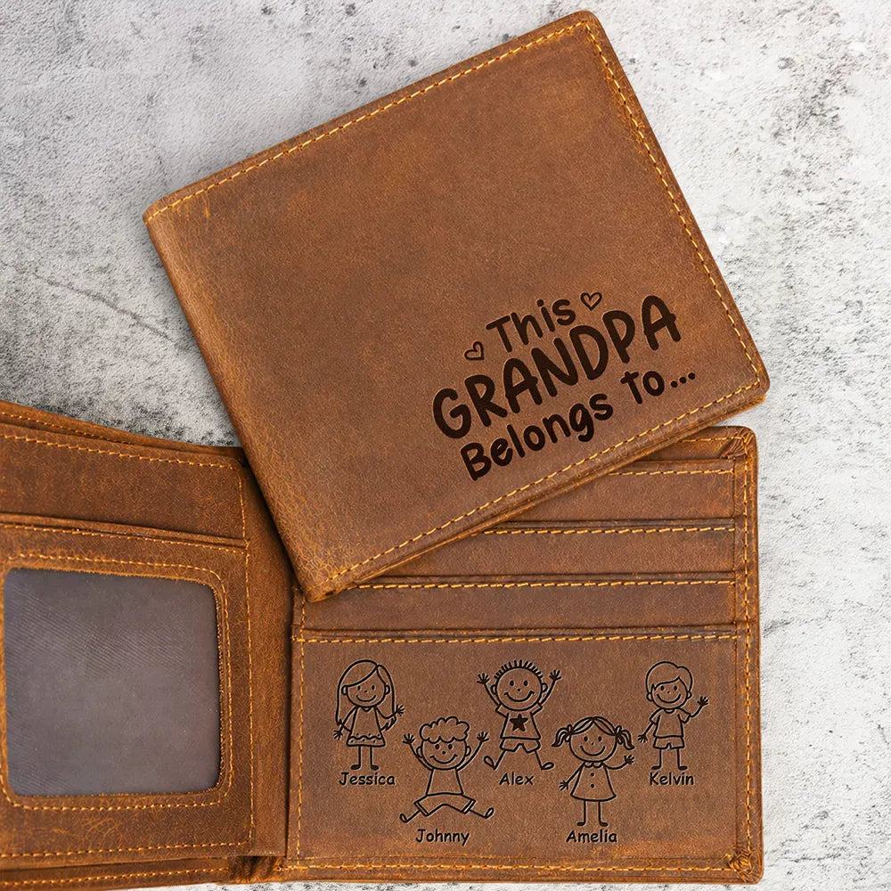 This Grandpa Dad Belongs To Kids Pet - Personalized Engraved Leather Wallet