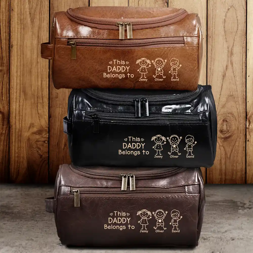 Gift For Grandpa,Gift For Father,Happy,Gift For Men,Stick Figure - This Grandpa Dad Belongs To Kids Pet - Personalized Leather Toiletry Bag