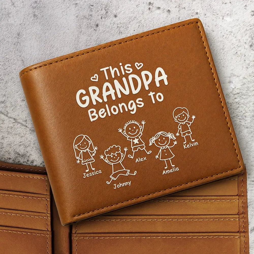 Gift For Grandpa, Gift For Father, Happy, Gift For Men, Stick Figure - This Grandpa Dad Belongs To Kids Pet - Personalized Leather Wallet