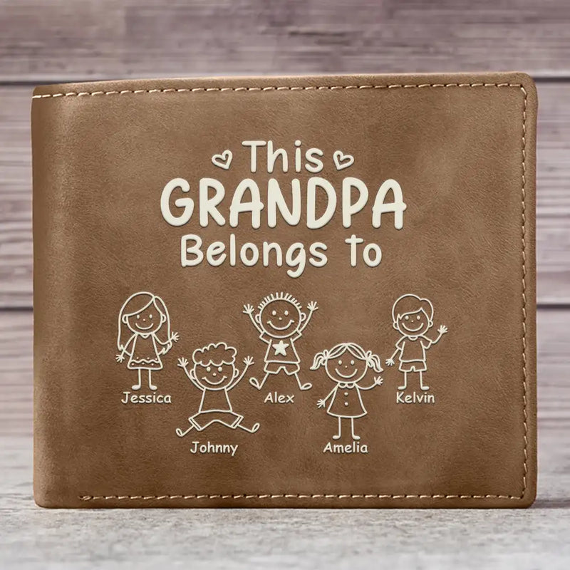 Gift For Grandpa, Gift For Father, Happy, Gift For Men, Stick Figure - This Grandpa Dad Belongs To Kids Pet - Personalized Leather Wallet