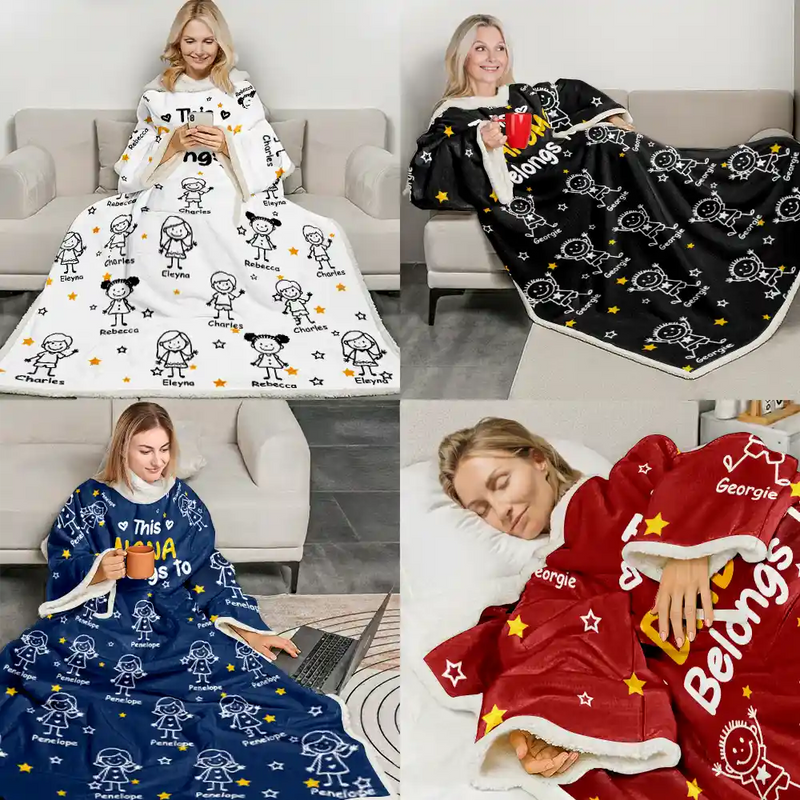 Gift For Grandpa,Gift For Grandma,Gift For Grandparents,Gift For Mother,Gift For Father,Happy - This Grandpa Dad Belongs To Kids Pet - Personalized Wearable Blanket With Sleeves