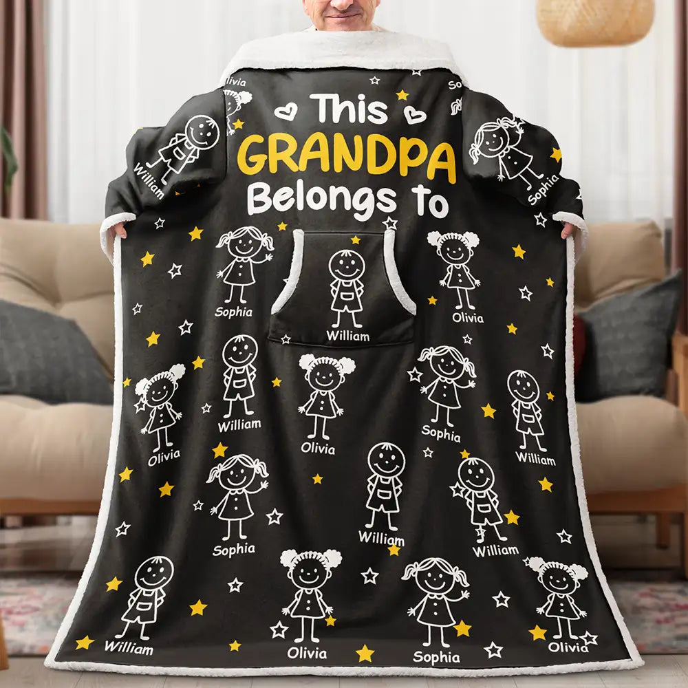 Gift For Grandpa,Gift For Grandma,Gift For Grandparents,Gift For Mother,Gift For Father,Happy - This Grandpa Dad Belongs To Kids Pet - Personalized Wearable Blanket With Sleeves