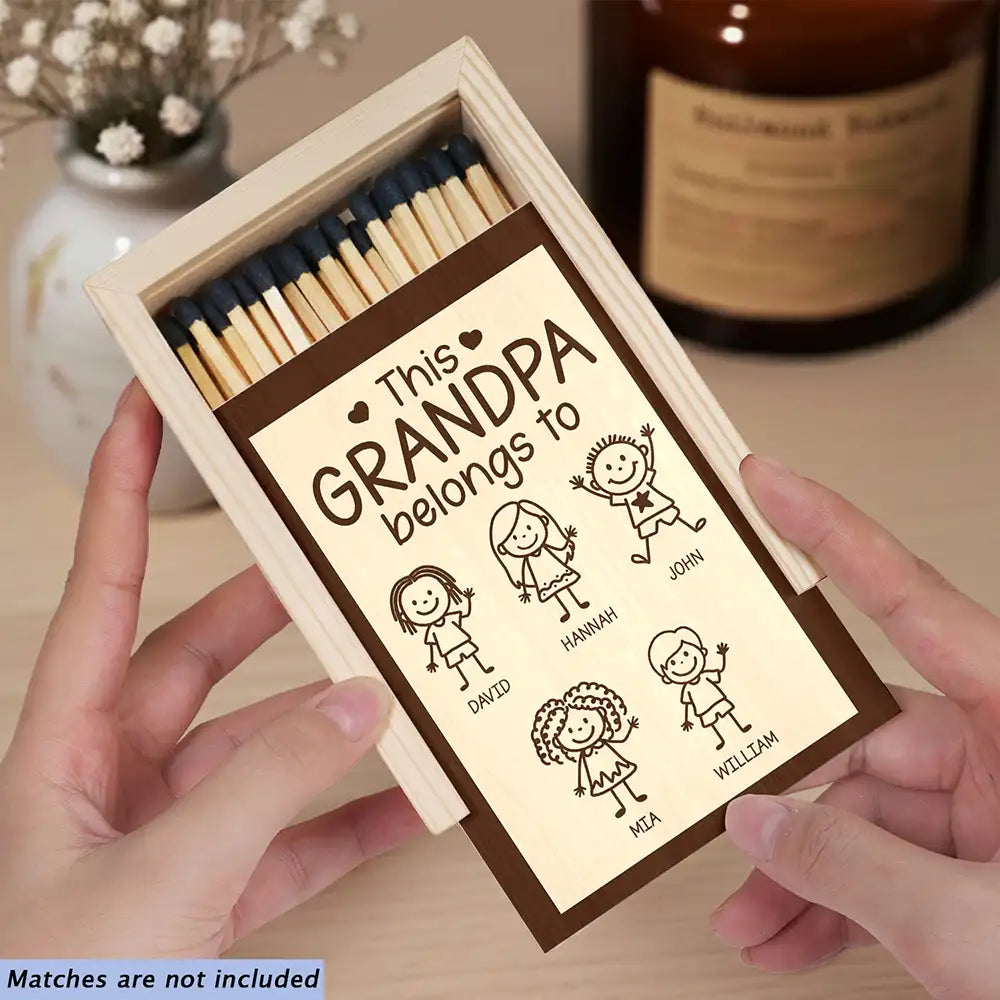 This Grandpa Dad Belongs To Kids Stick Figure - Personalized Wooden Matchbox