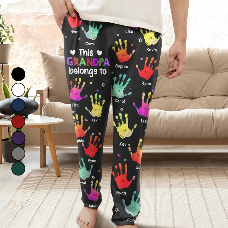 Gift For Grandpa, Gift For Father, Gift For Grandma, Gift For Mother, Happy - This Grandpa Daddy Belongs To Colorful Kid Handprints - Personalized Pajama Pants