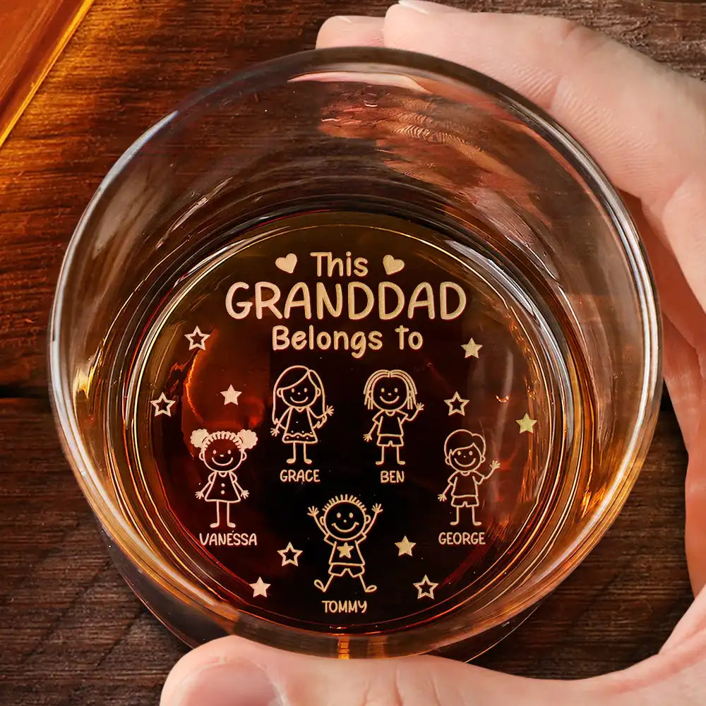 Gift For Grandpa,Gift For Grandma,Gift For Grandparents,Gift For Mother,Gift For Father,Happy,Stick Figure - This Grandpa Daddy Belongs To Kids Pet - Personalized Engraved Whiskey Glass