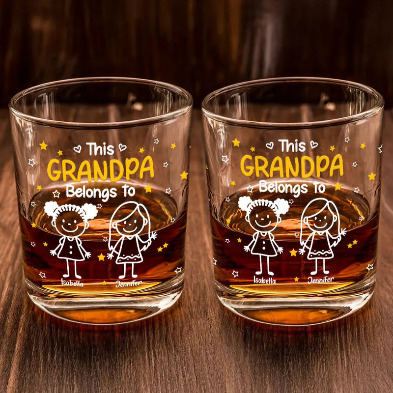 Gift For Grandpa,Gift For Grandma,Gift For Grandparents,Gift For Mother,Gift For Father,Happy,Stick Figure - This Grandpa Daddy Belongs To Kids Pet - Personalized Whiskey Glass