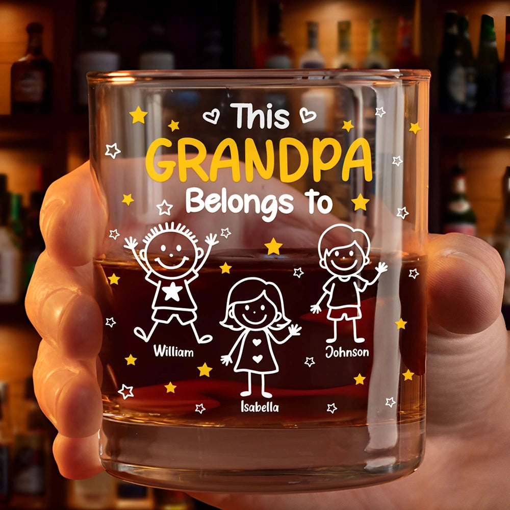 This Grandpa Daddy Belongs To Kids Pet - Personalized Whiskey Glass