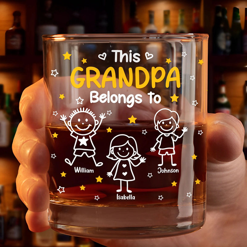Gift For Grandpa,Gift For Grandma,Gift For Grandparents,Gift For Mother,Gift For Father,Happy,Stick Figure - This Grandpa Daddy Belongs To Kids Pet - Personalized Whiskey Glass