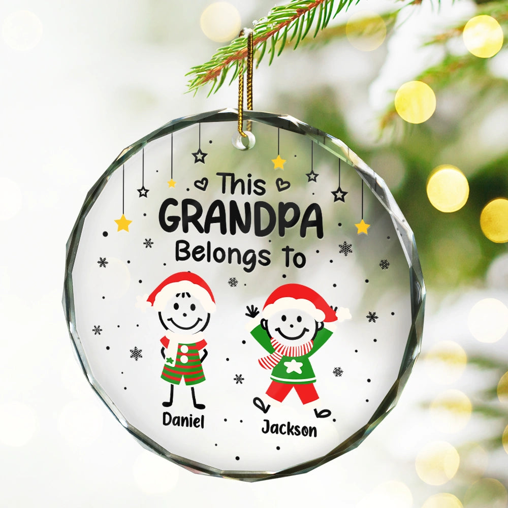 Gift For Grandpa,Gift For Grandma,Gift For Grandparents,Gift For Mother,Gift For Father,Christmas,Happy,Stick Figure - This Grandpa Grandma Belongs To Kids Pet - Personalized Circle Glass Ornament
