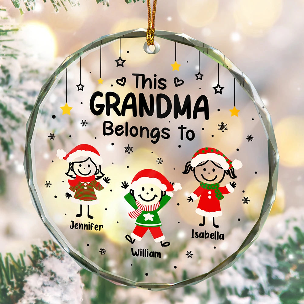 Gift For Grandpa,Gift For Grandma,Gift For Grandparents,Gift For Mother,Gift For Father,Christmas,Happy,Stick Figure - This Grandpa Grandma Belongs To Kids Pet - Personalized Circle Glass Ornament