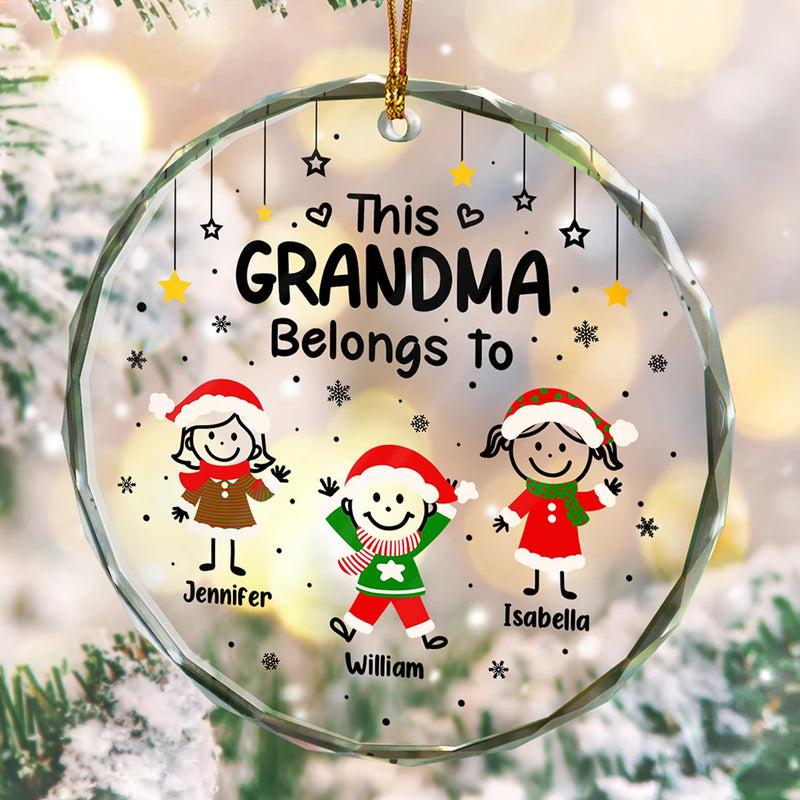 Gift For Grandpa,Gift For Grandma,Gift For Grandparents,Gift For Mother,Gift For Father,Christmas,Happy,Stick Figure - This Grandpa Grandma Belongs To Kids Pet - Personalized Circle Glass Ornament