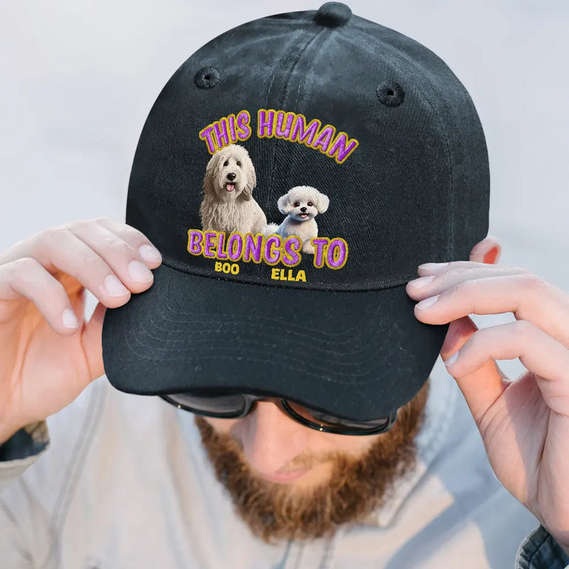 Pet Lovers,Pet Mom,Pet Dad,Dog Lovers,Dog Mom,Dog Dad,Happy,Top Market - This Human Belongs To Cute Dog - Embroidery Text Effect Printed, Personalized Vintage Washed Denim Cap