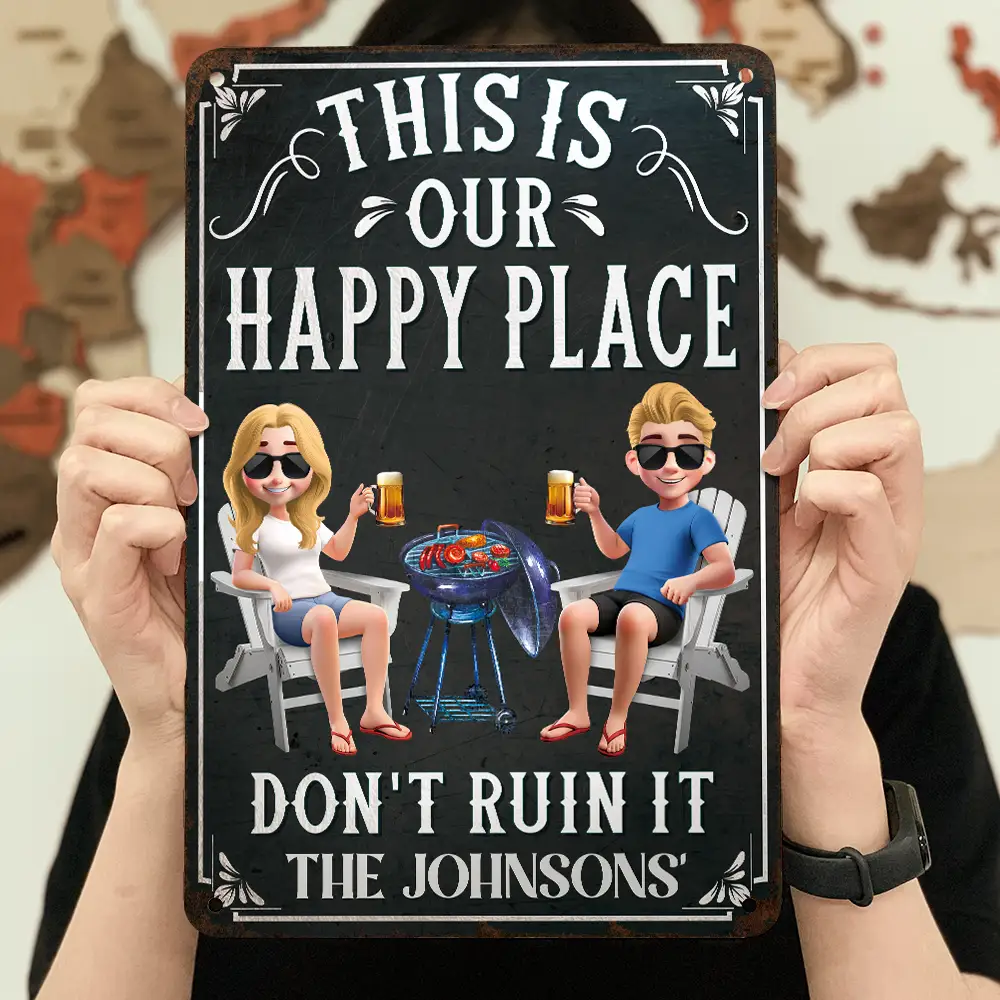 Summer, Patio, Outdoor Decor, Gift For Couples, Humorous, Vector - This Is My Happy Place - Personalized Classic Metal Signs