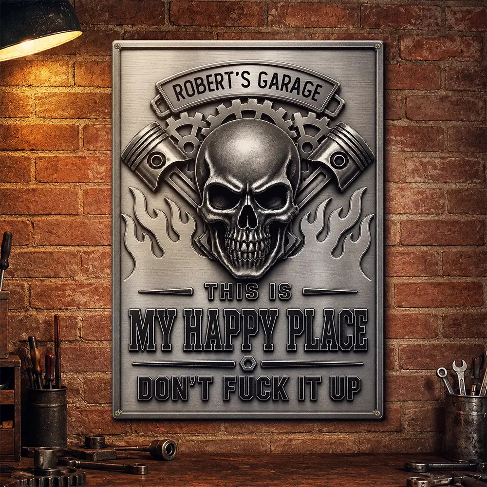 Humorous,Gift For Men,Gift For Yourself,Garage,Outdoor Decor,Custom Text - This Is My Happy Place Garage - Personalized Classic Metal Signs