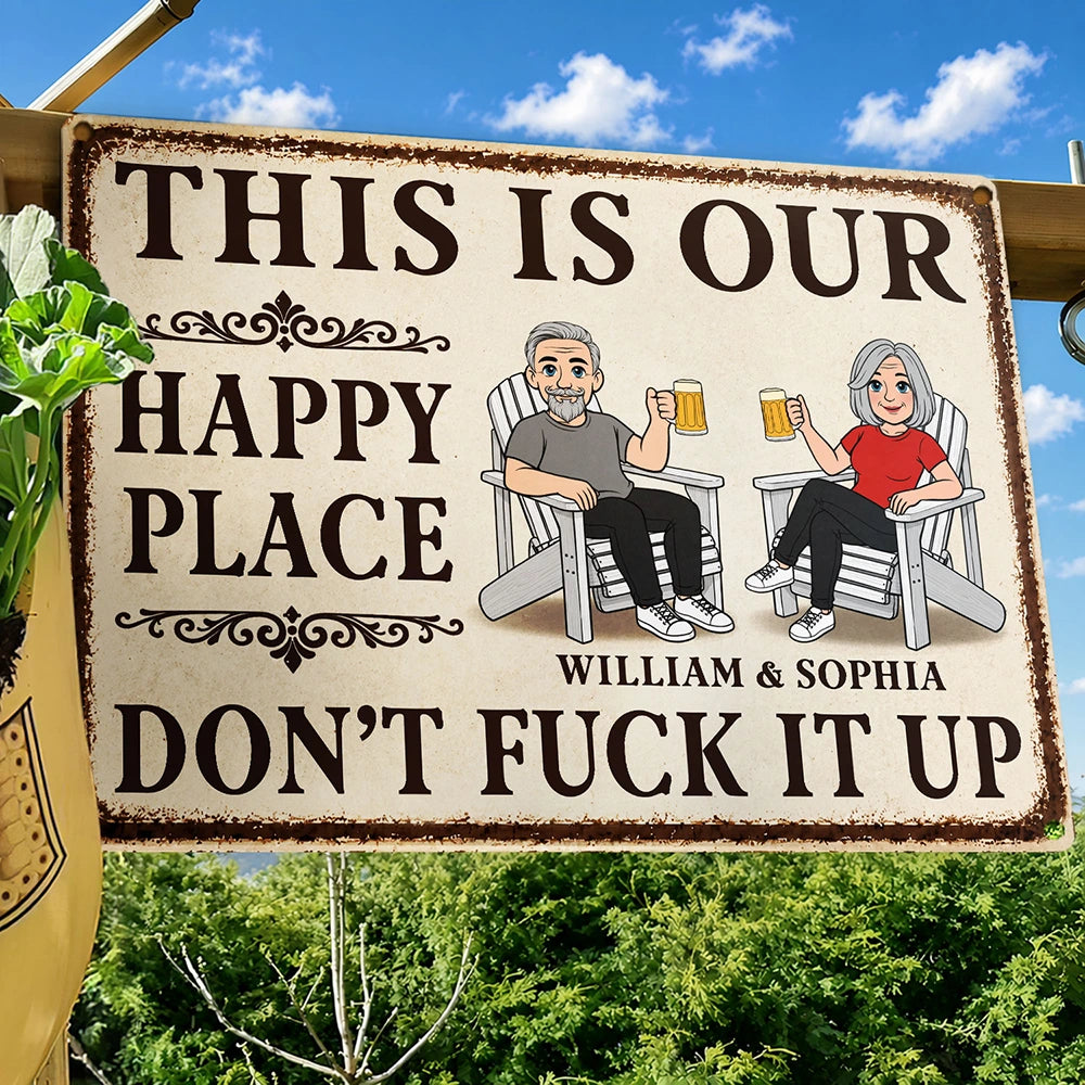 This Is Our Happy Place Retro Cartoon Couple - Personalized Classic Metal Signs
