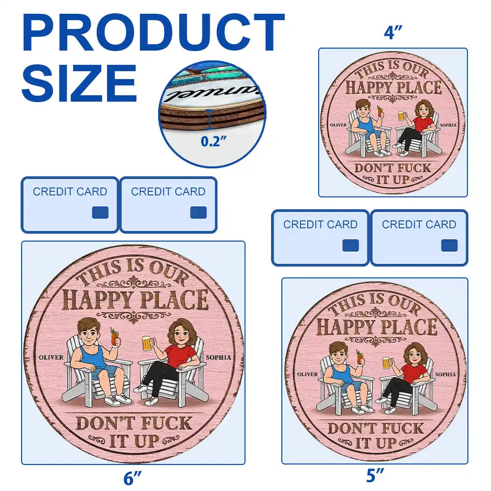 Humorous,Gift For Couples,Vector - This Is Our Happy Place Retro Cartoon Couple - Personalized Custom Shaped Wood Sign