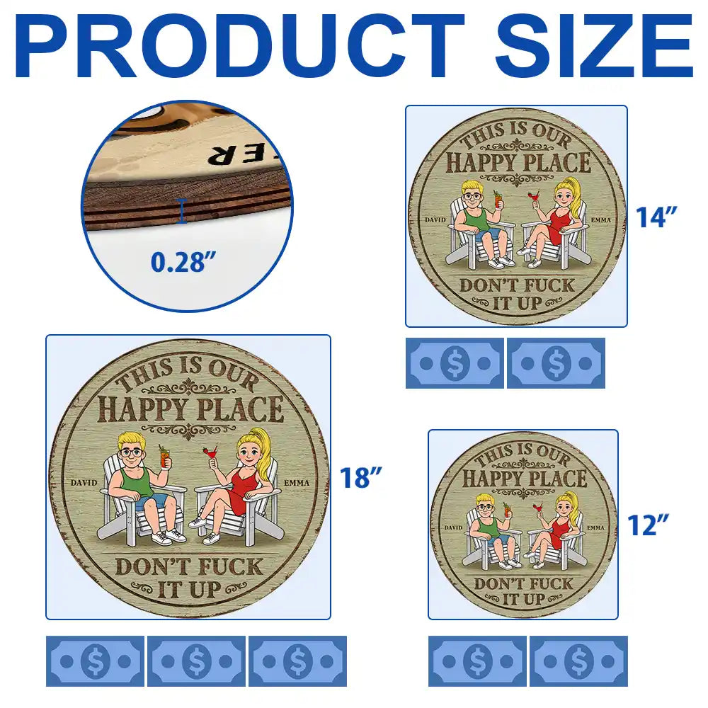 Humorous,Gift For Couples,Vector - This Is Our Happy Place Retro Cartoon Couple - Personalized Custom Shaped Wood Sign