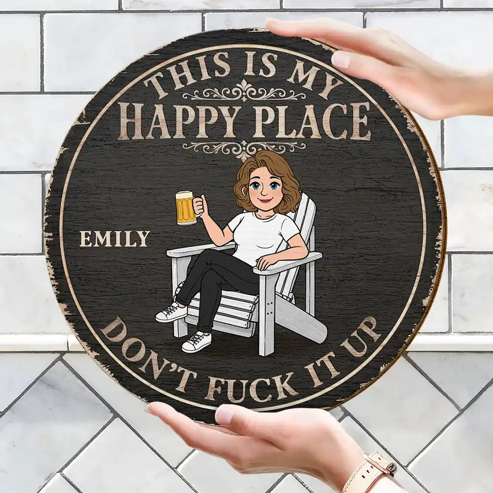 Humorous,Gift For Couples,Vector - This Is Our Happy Place Retro Cartoon Couple - Personalized Custom Shaped Wood Sign