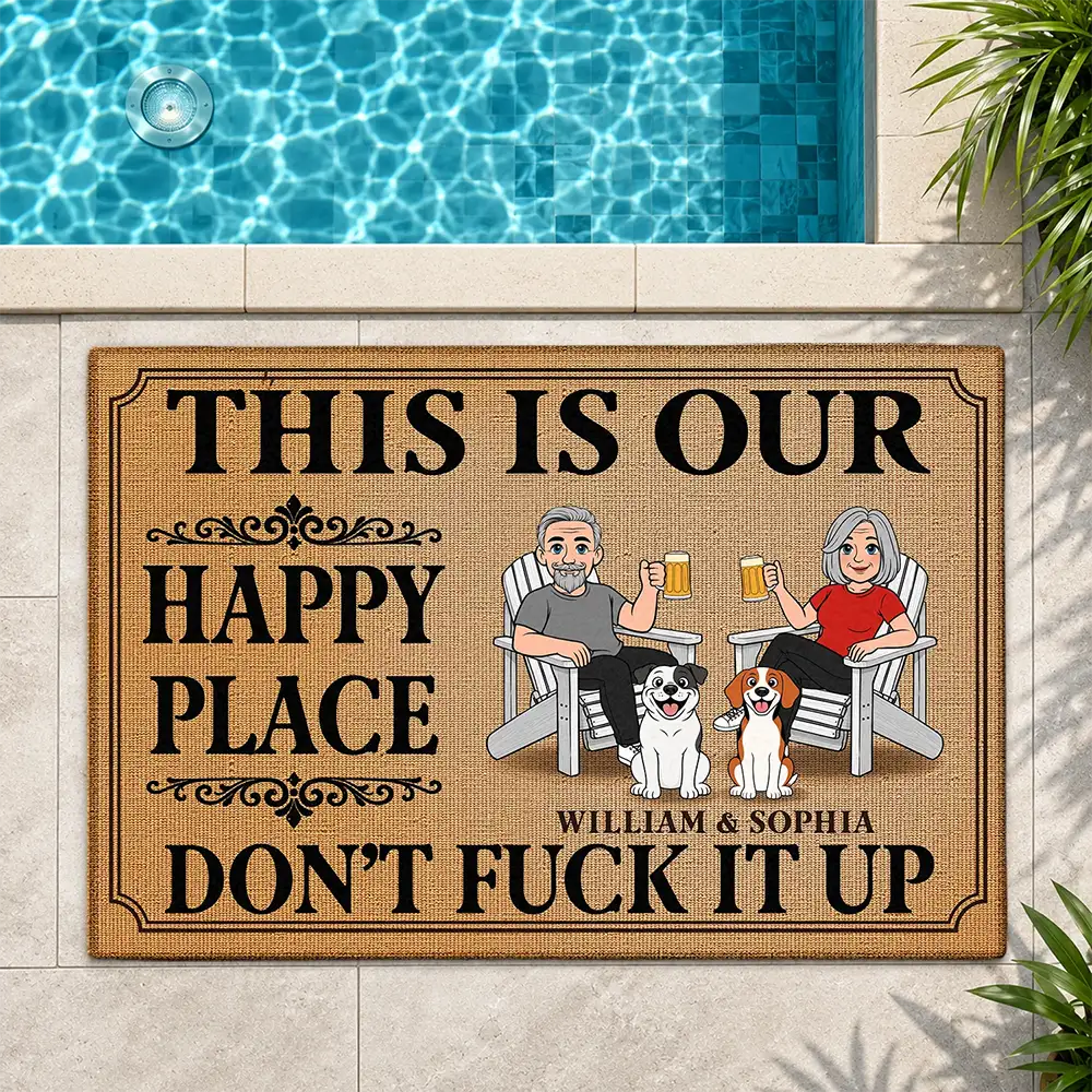 This Is Our Happy Place Retro Cartoon Couple Dog Cat - Personalized Doormat