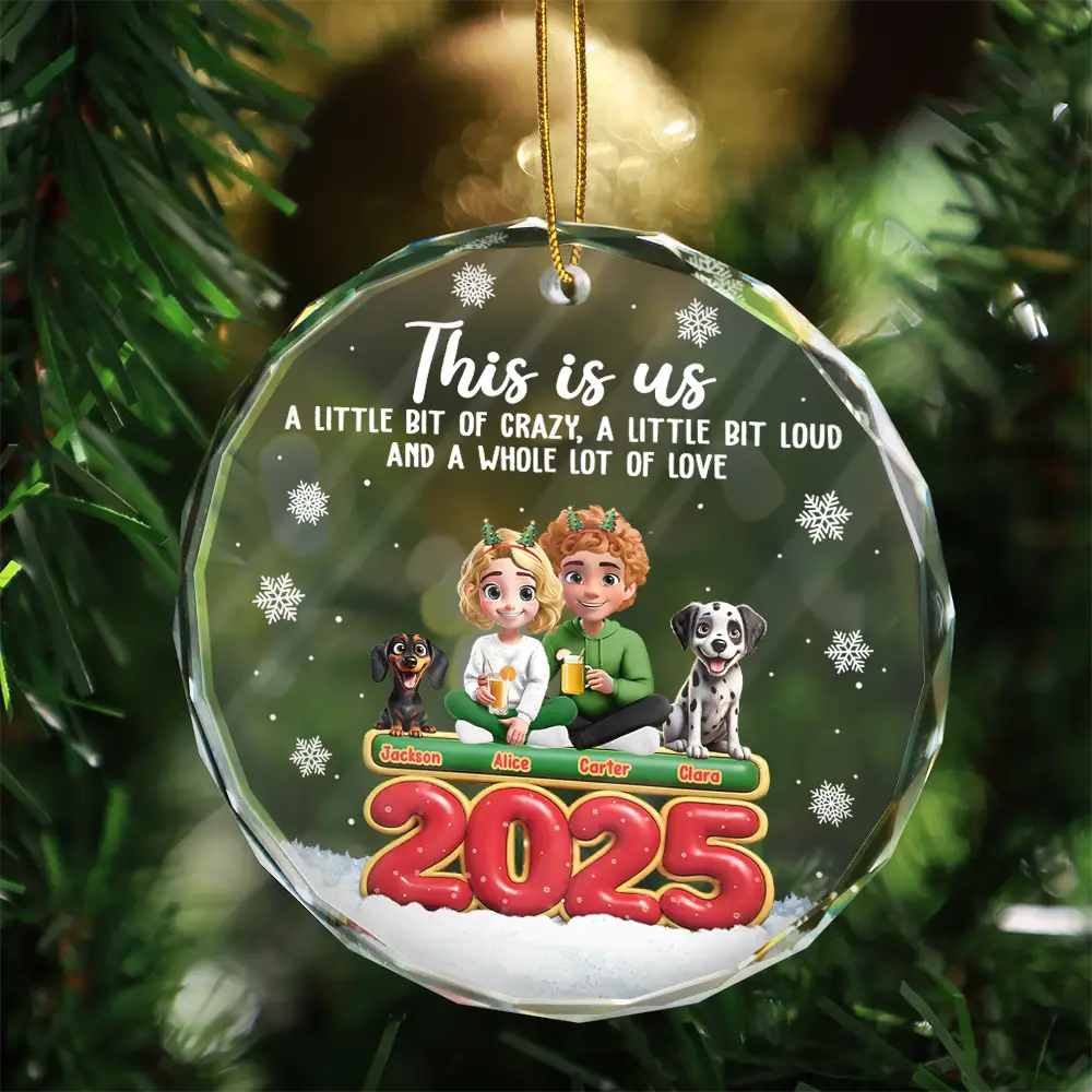 Gift For Couples,Family,Parents,Christmas,Pet Couple - This Is Us Couple With Kids And Dogs Cats 3D Effect - Personalized Circle Glass Ornament