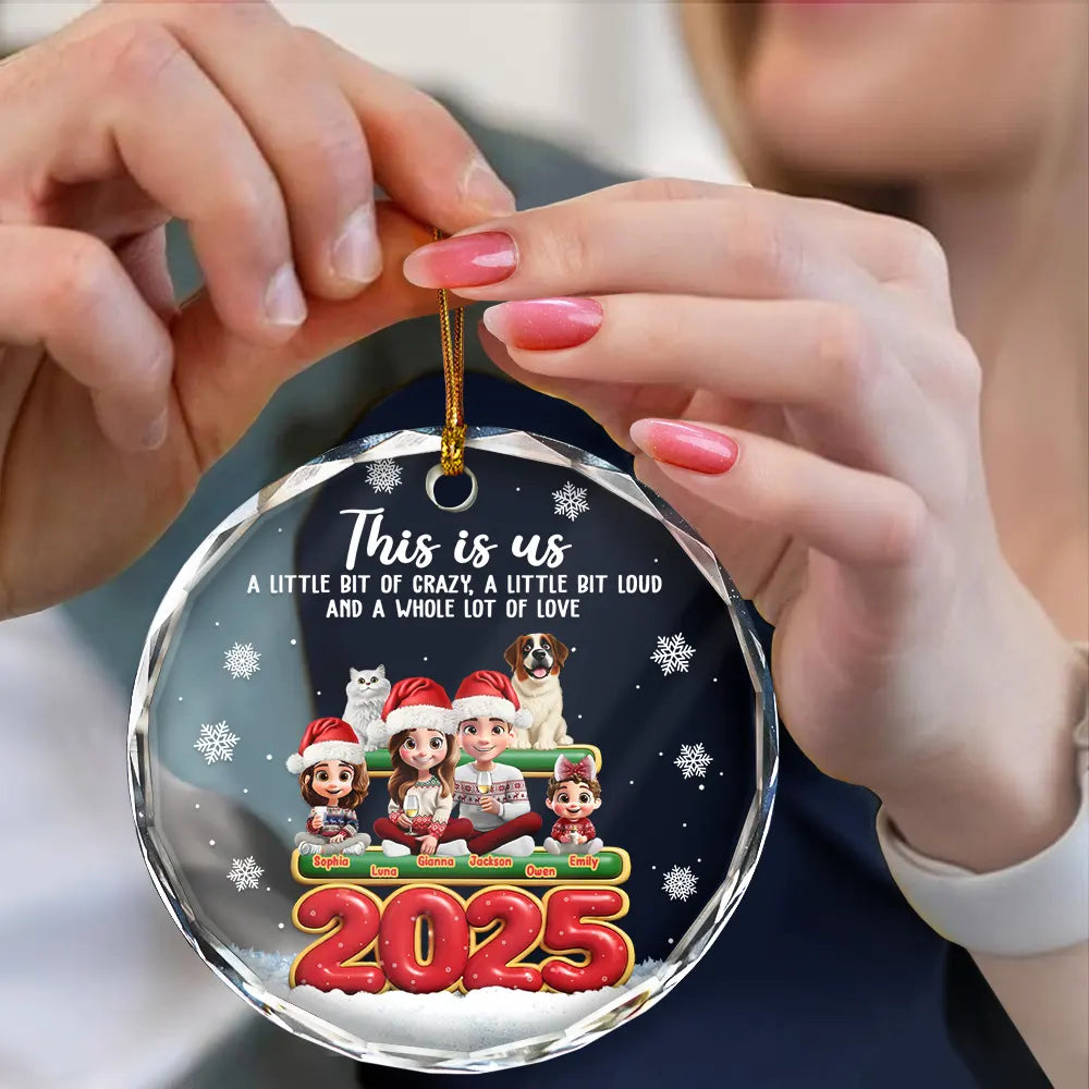 Gift For Couples,Family,Parents,Christmas,Pet Couple - This Is Us Couple With Kids And Dogs Cats 3D Effect - Personalized Circle Glass Ornament