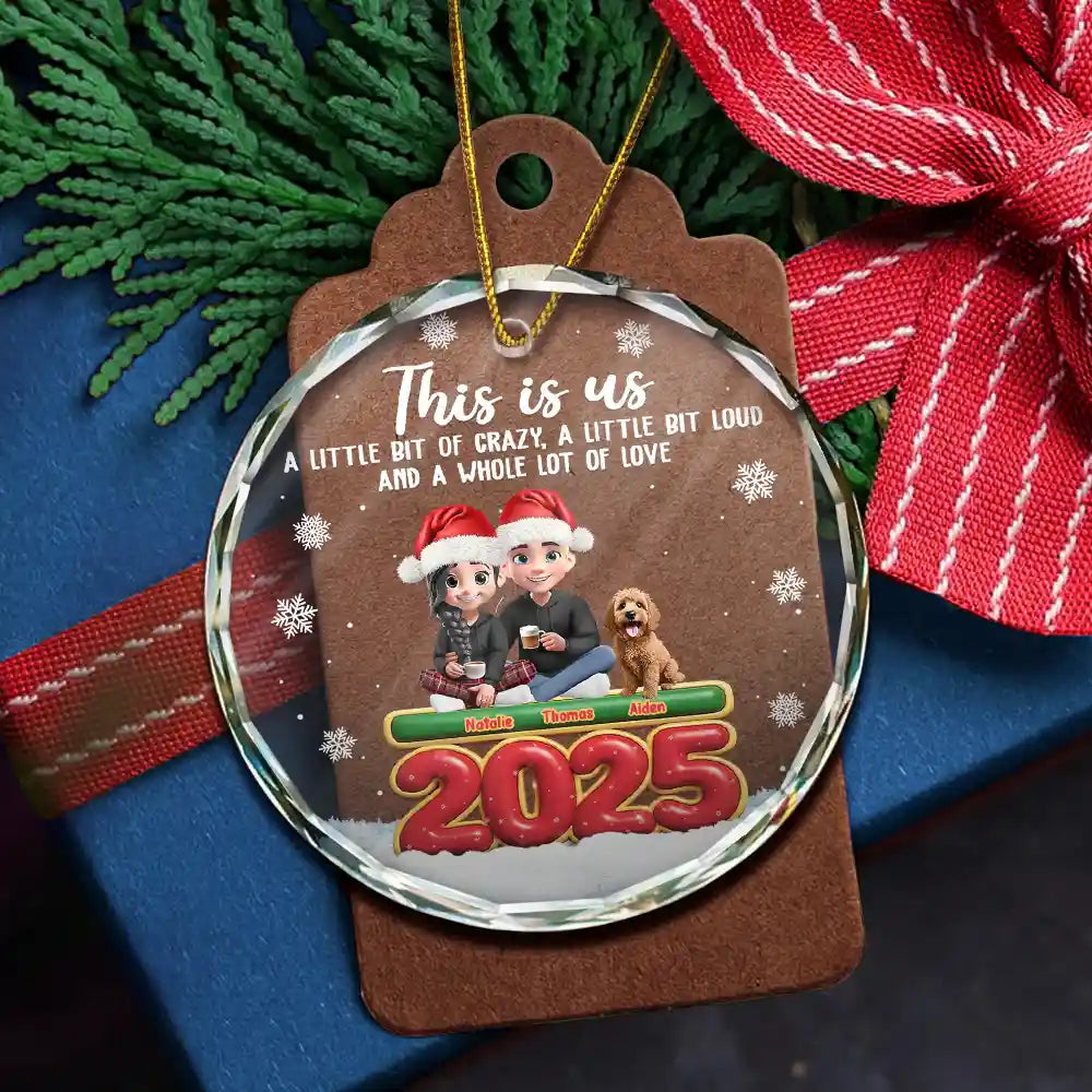 Gift For Couples,Family,Parents,Christmas,Pet Couple - This Is Us Couple With Kids And Dogs Cats 3D Effect - Personalized Circle Glass Ornament