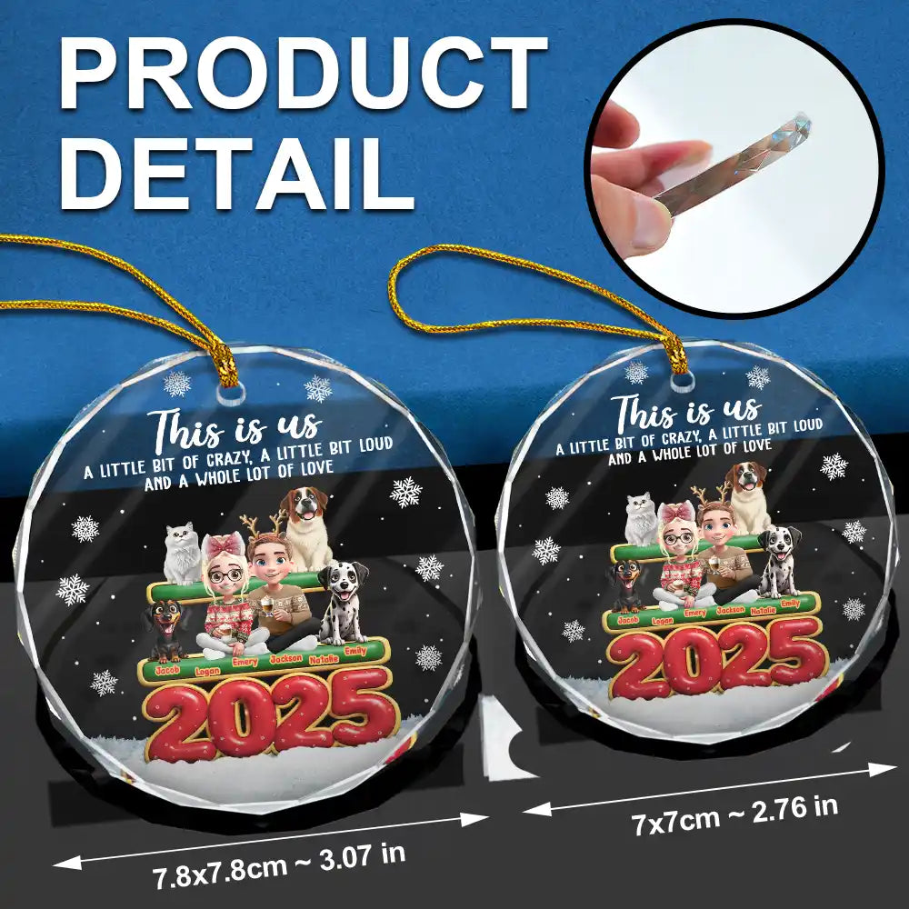Gift For Couples,Family,Parents,Christmas,Pet Couple - This Is Us Couple With Kids And Dogs Cats 3D Effect - Personalized Circle Glass Ornament
