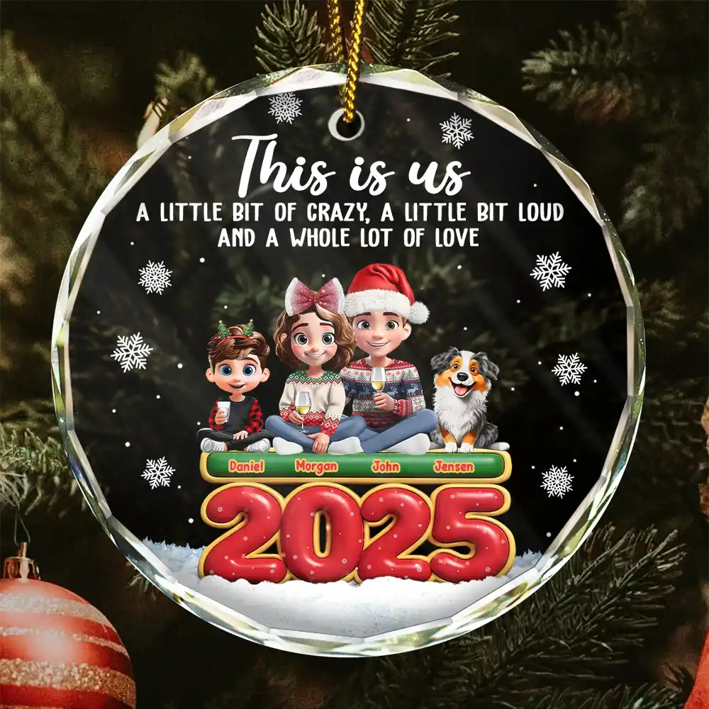 This Is Us Couple With Kids And Dogs Cats 3D Effect - Personalized Circle Glass Ornament