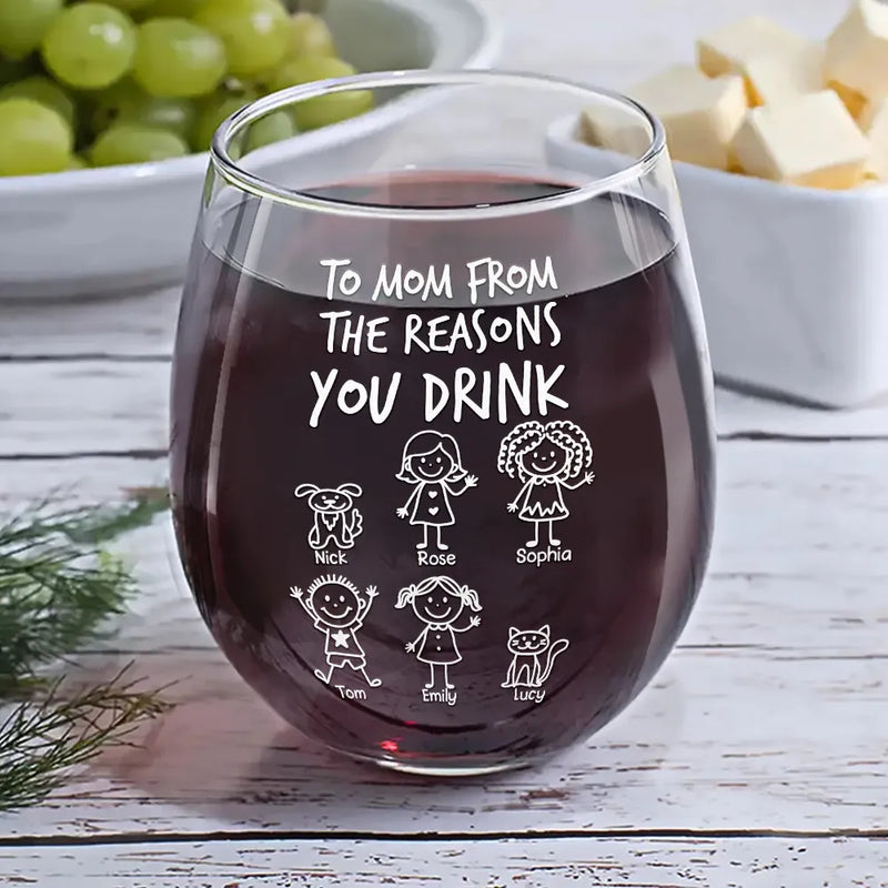 Gift For Wife, Gift For Husband, Parents, Gift For Mother, Gift For Father, Funny, Pet Lovers - To Mom Dad From The Reasons You Drink Stick Figures Kid Pet - Personalized Stemless Wine Glass
