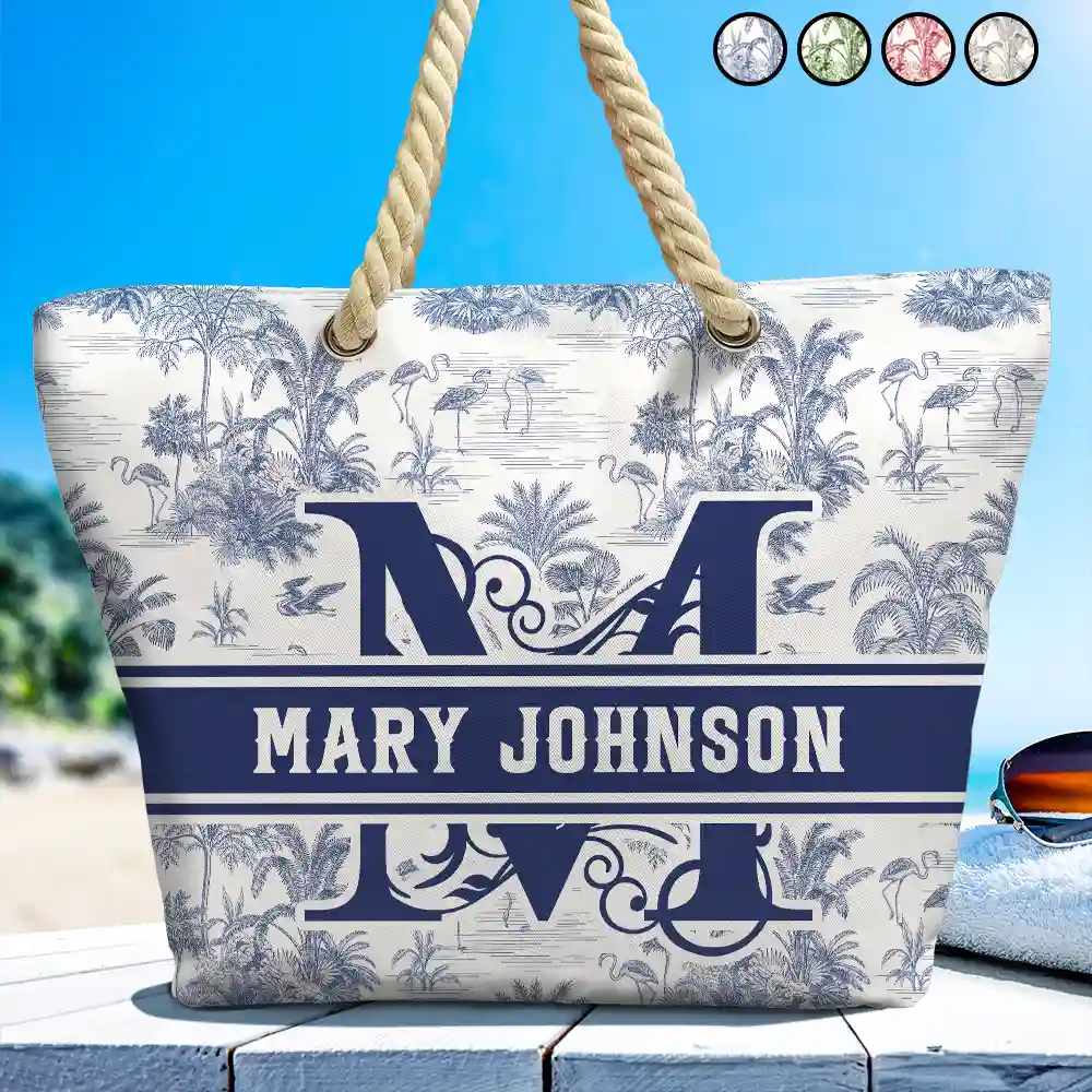 Gift For Wife, Gift For Girlfriend, Gift For Yourself, Gift For Women, Gift For Mother, Gift For Grandma, Beach, Summer, Love - Toile De Jouy Beach Pattern Monogram - Personalized Beach Bag