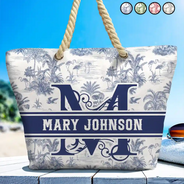 Gift For Wife, Gift For Girlfriend, Gift For Yourself, Gift For Women, Gift For Mother, Gift For Grandma, Beach, Summer, Love - Toile De Jouy Beach Pattern Monogram - Personalized Beach Bag