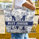 Gift For Wife, Gift For Girlfriend, Gift For Yourself, Gift For Women, Gift For Mother, Gift For Grandma, Beach, Summer, Love - Toile De Jouy Beach Pattern Monogram - Personalized Beach Bag